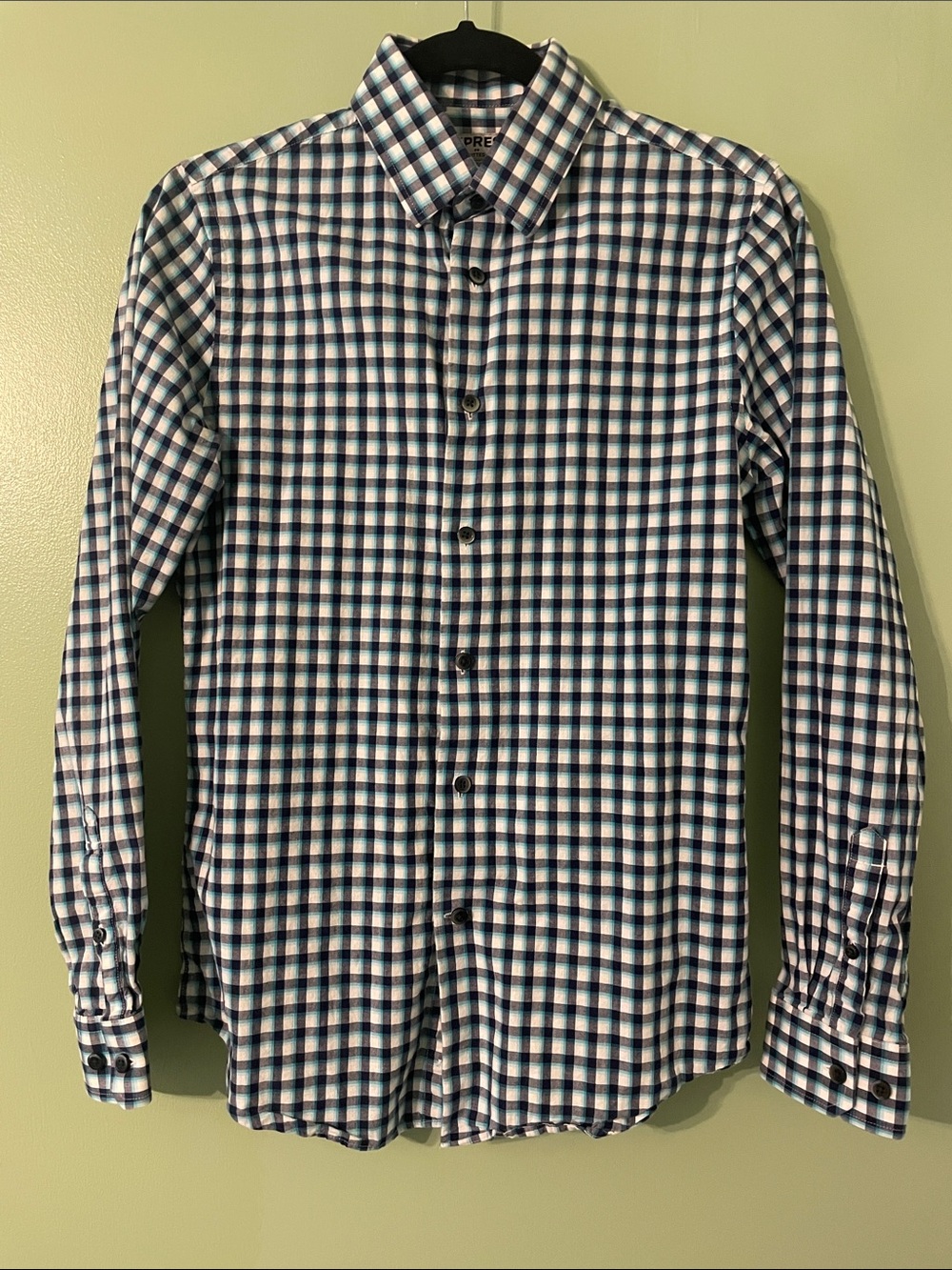 Men's Black, Green, and White Checked Dress Shirt